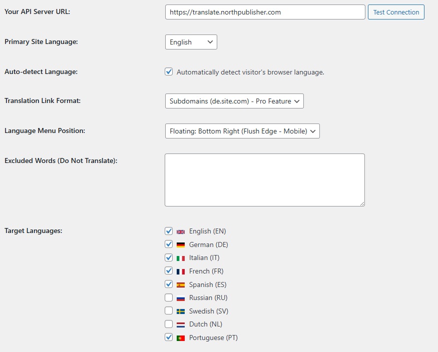 Aperçu des paramètres de Libre Translate
